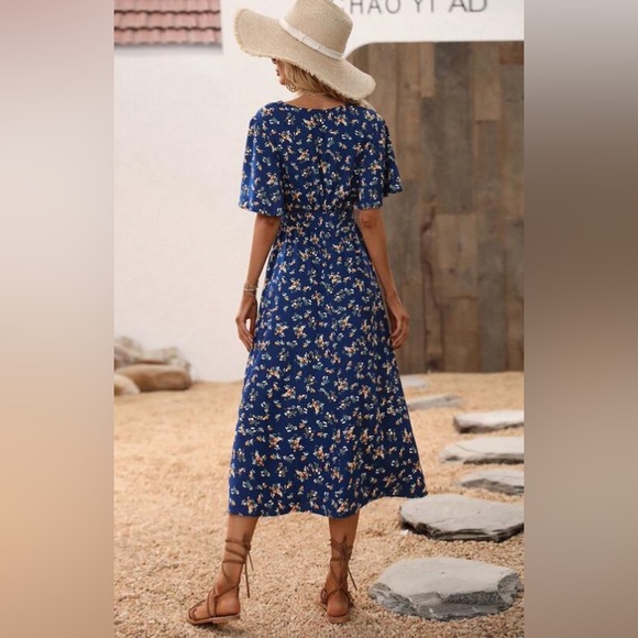 Floral print boho v neck flutter sleeve mini dress navy blue - Picture 2 of 2